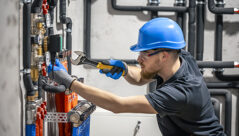 The technician checking the heating system in the boiler room. Adjusting heating valves in a residential building. A plumbing and heating technician works.